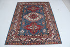 5x6 Beige & Red Super Kazak Area Rug | Handmade Wool & Cotton Geometric Rug
