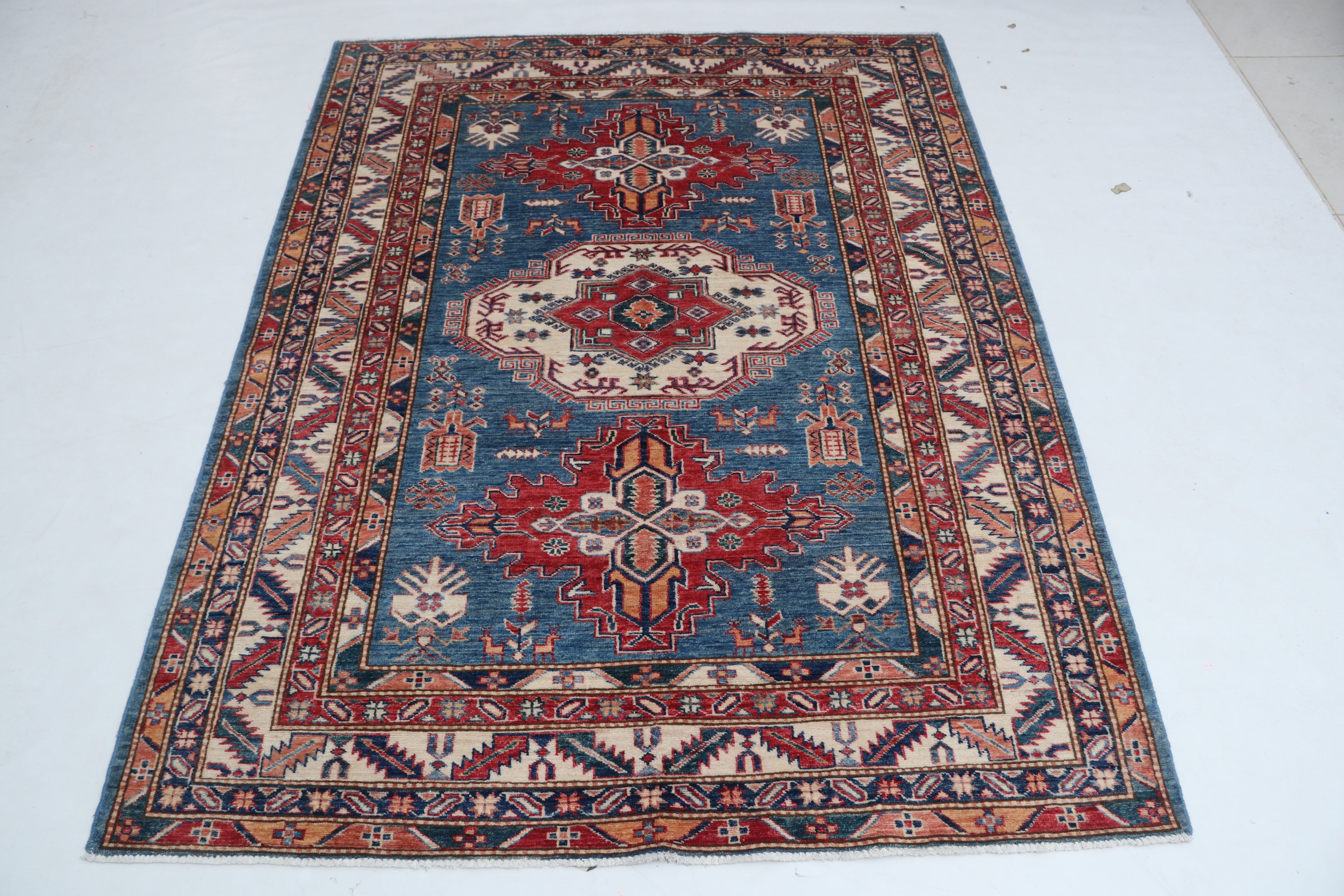 5x6 Beige & Red Super Kazak Area Rug | Handmade Wool & Cotton Geometric Rug