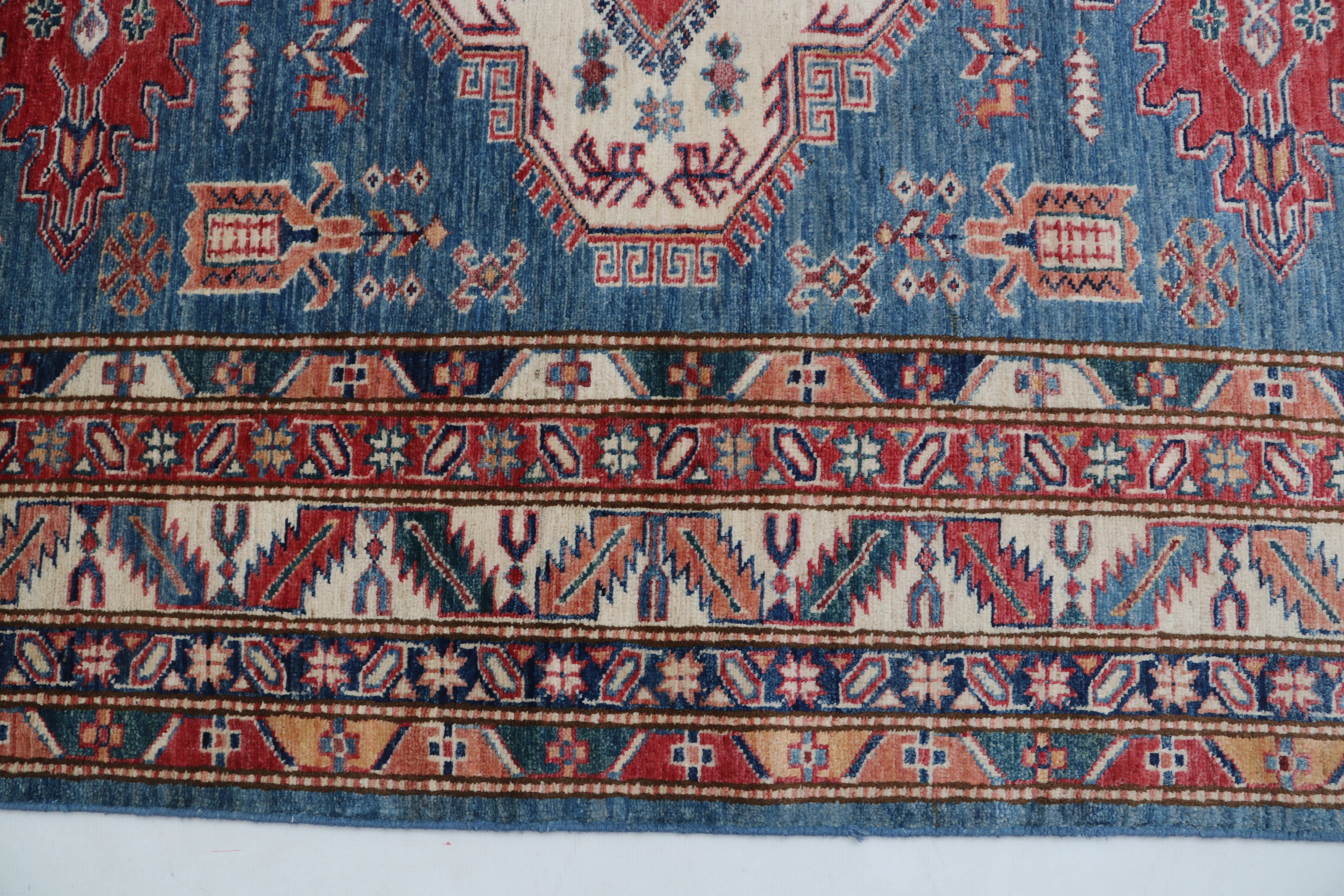 5x6 Beige & Red Super Kazak Area Rug | Handmade Wool & Cotton Geometric Rug