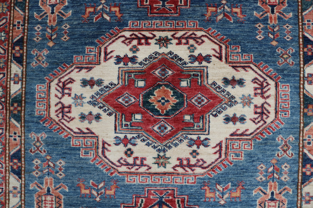 5x6 Beige & Red Super Kazak Area Rug | Handmade Wool & Cotton Geometric Rug