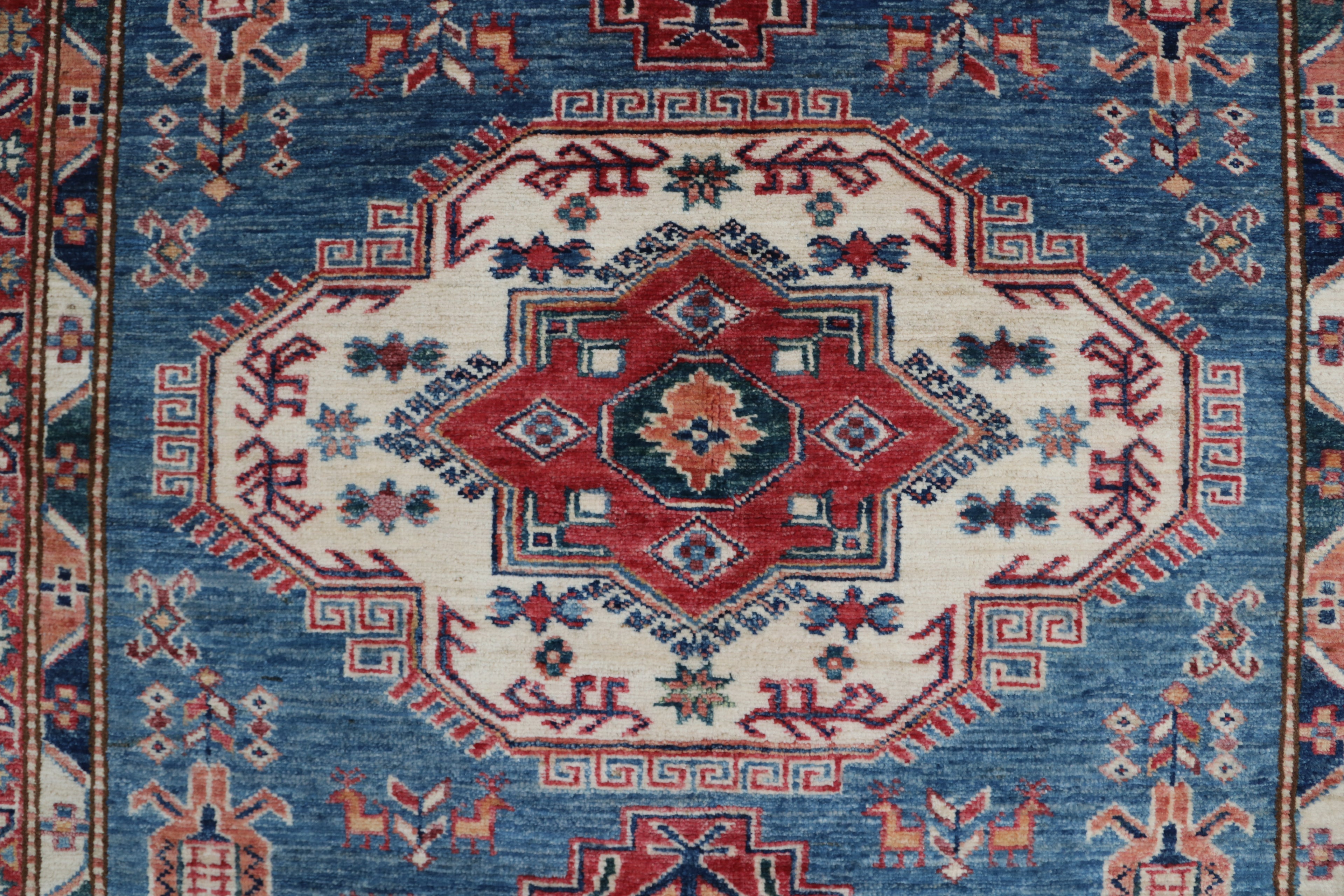 5x6 Beige & Red Super Kazak Area Rug | Handmade Wool & Cotton Geometric Rug