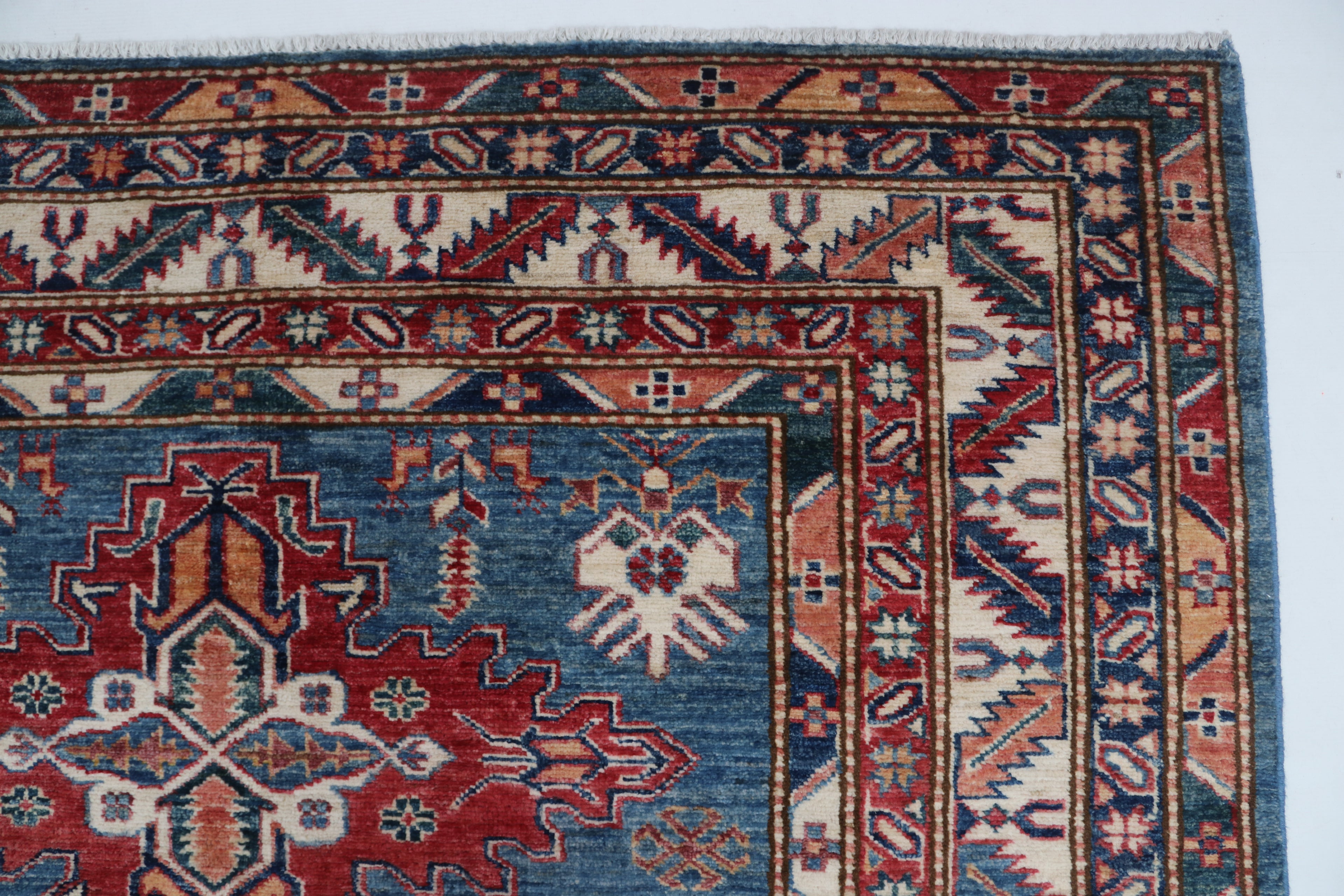 5x6 Beige & Red Super Kazak Area Rug | Handmade Wool & Cotton Geometric Rug