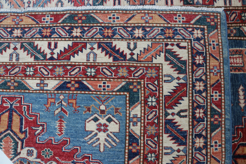 5x6 Beige & Red Super Kazak Area Rug | Handmade Wool & Cotton Geometric Rug