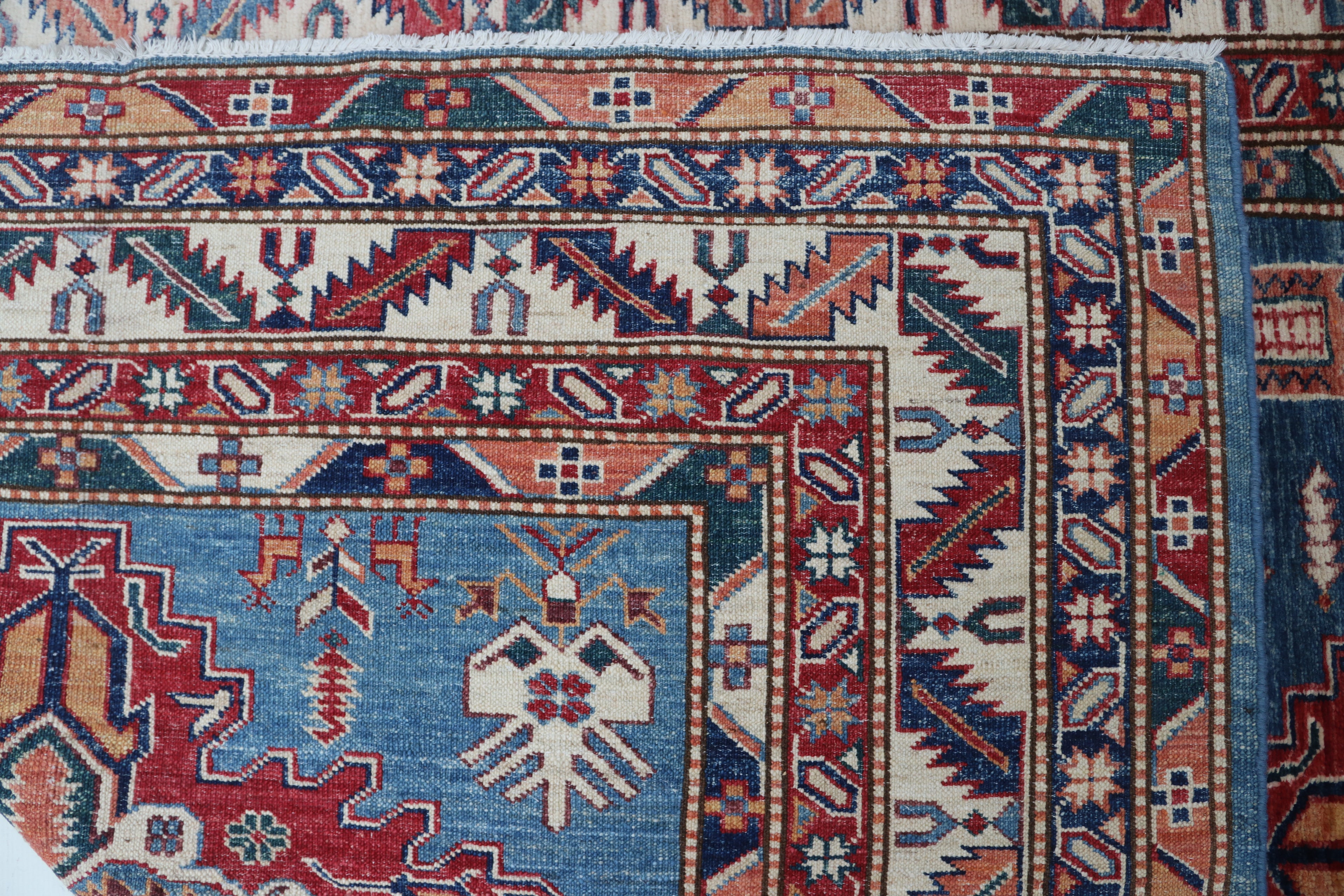 5x6 Beige & Red Super Kazak Area Rug | Handmade Wool & Cotton Geometric Rug