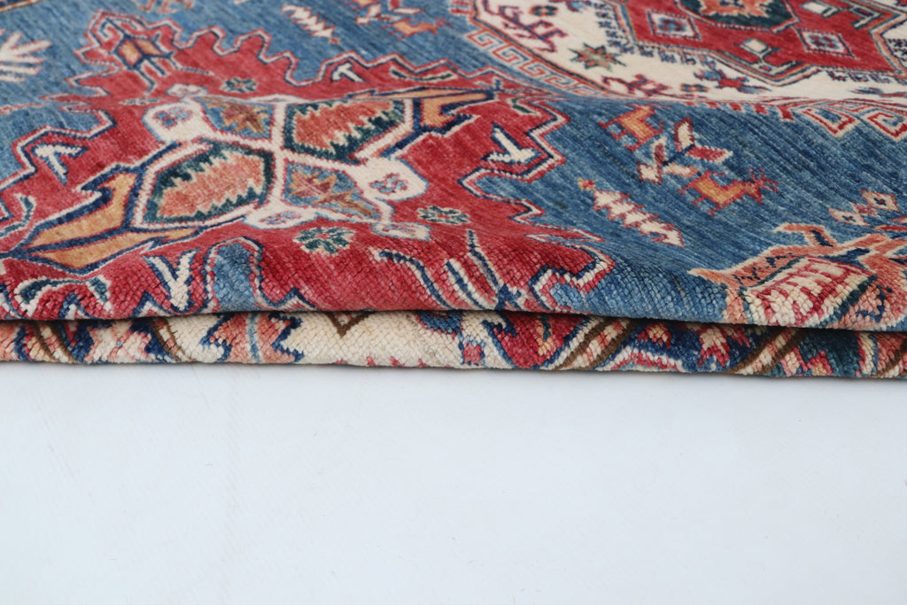 5x6 Beige & Red Super Kazak Area Rug | Handmade Wool & Cotton Geometric Rug