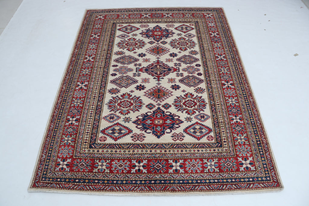 5x6 Beige & Red Super Kazak Area Rug | Handmade Wool & Cotton Geometric Rug