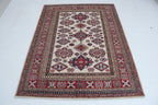 5x6 Beige & Red Super Kazak Area Rug | Handmade Wool & Cotton Geometric Rug