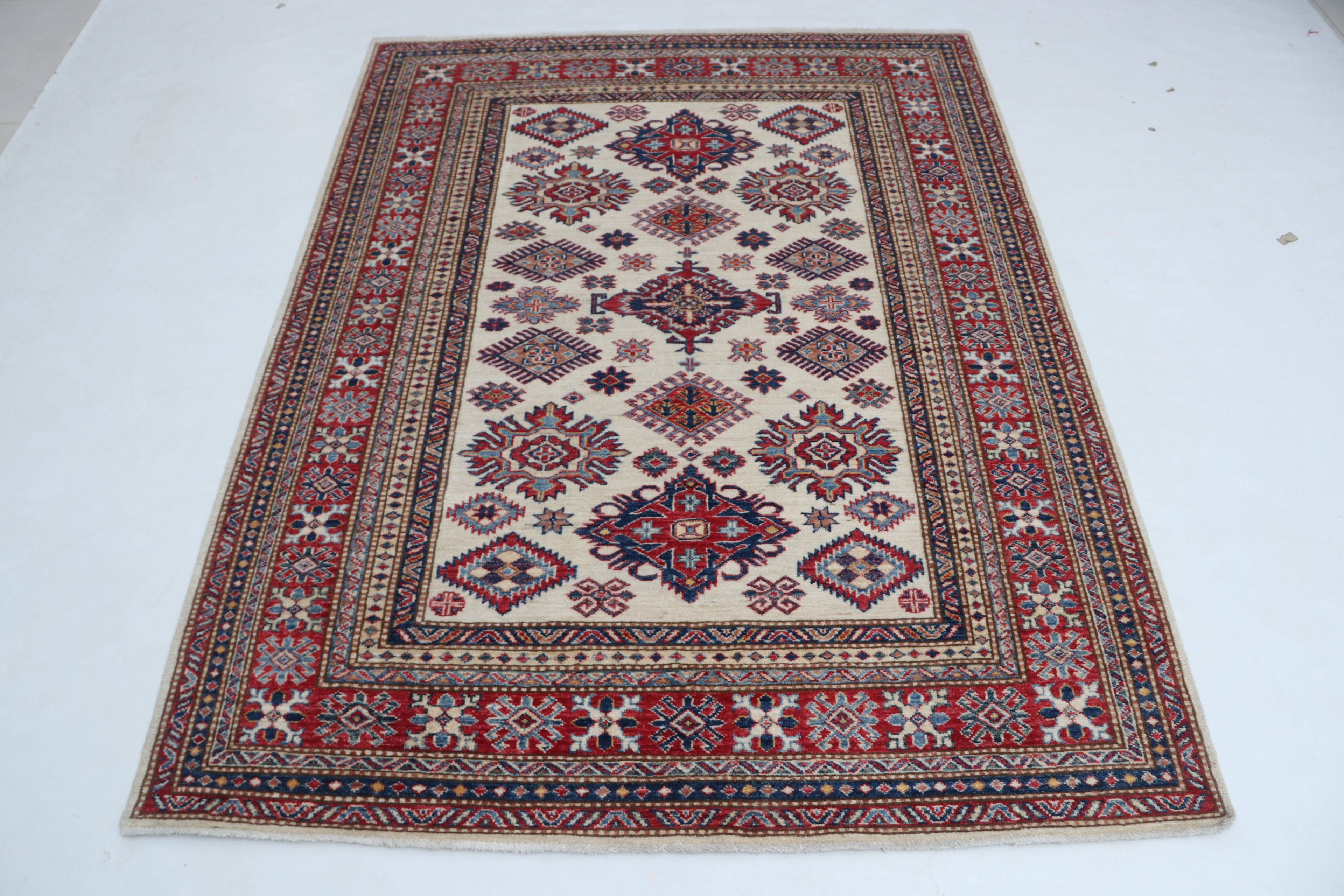 5x6 Beige & Red Super Kazak Area Rug | Handmade Wool & Cotton Geometric Rug