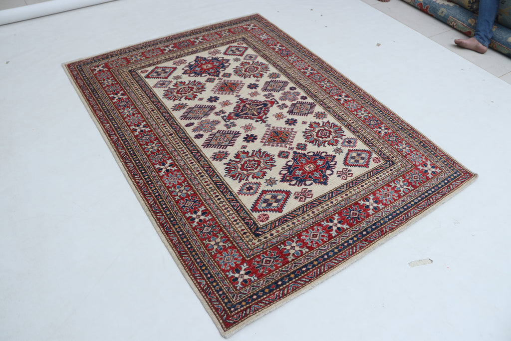 5x6 Beige & Red Super Kazak Area Rug | Handmade Wool & Cotton Geometric Rug