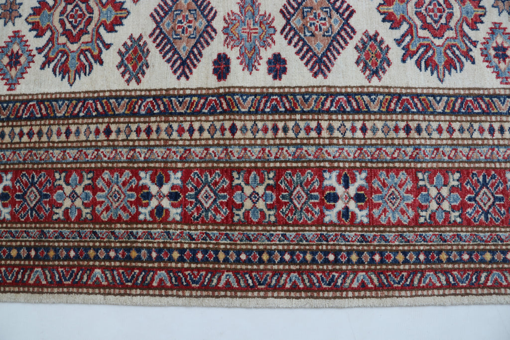 5x6 Beige & Red Super Kazak Area Rug | Handmade Wool & Cotton Geometric Rug