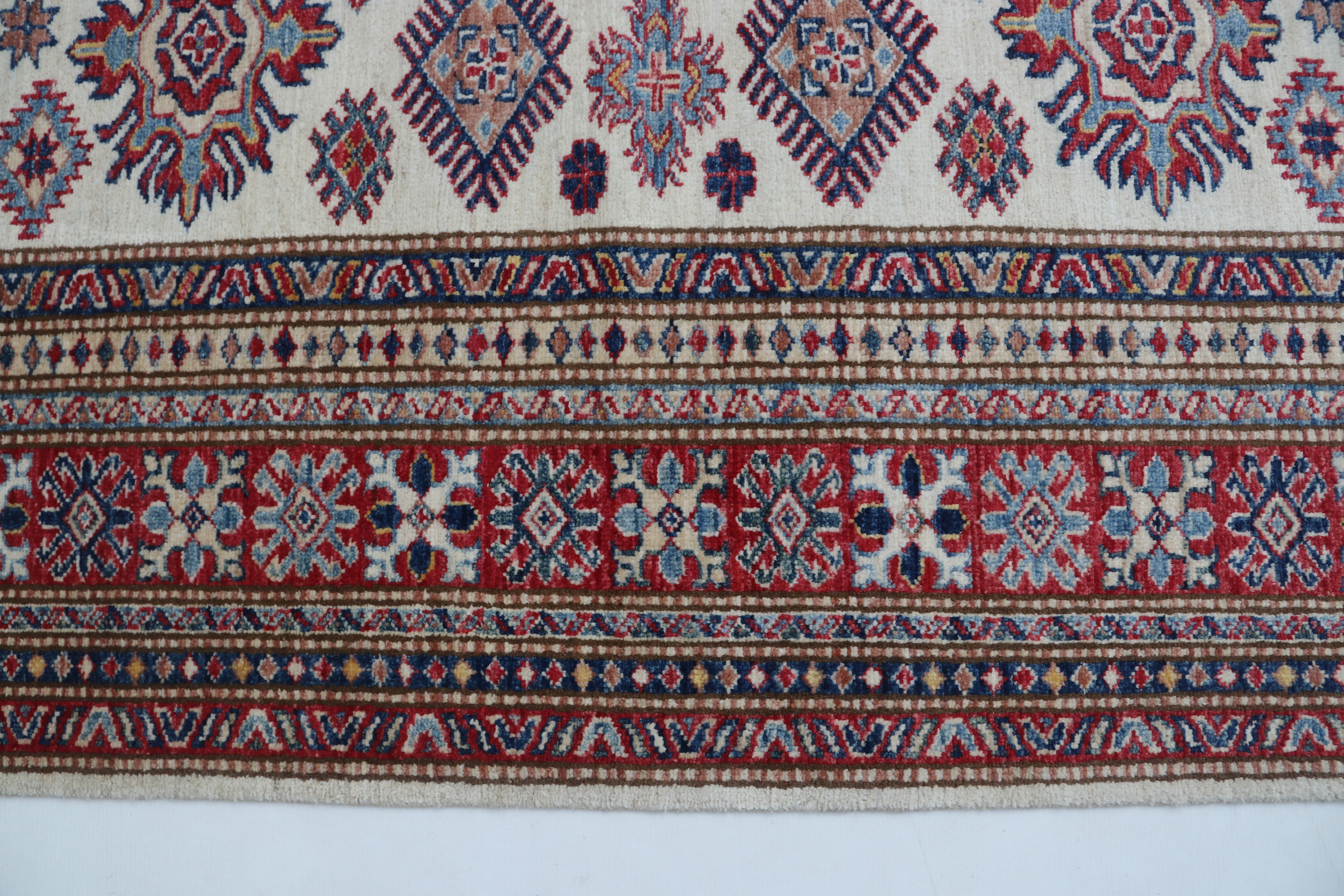 5x6 Beige & Red Super Kazak Area Rug | Handmade Wool & Cotton Geometric Rug
