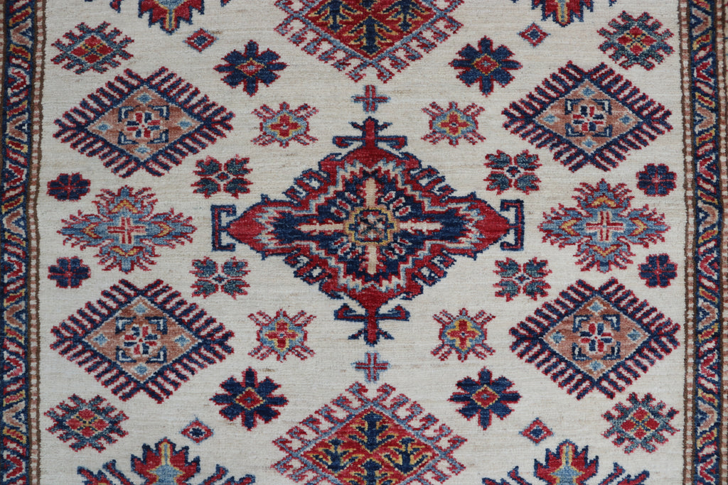 5x6 Beige & Red Super Kazak Area Rug | Handmade Wool & Cotton Geometric Rug