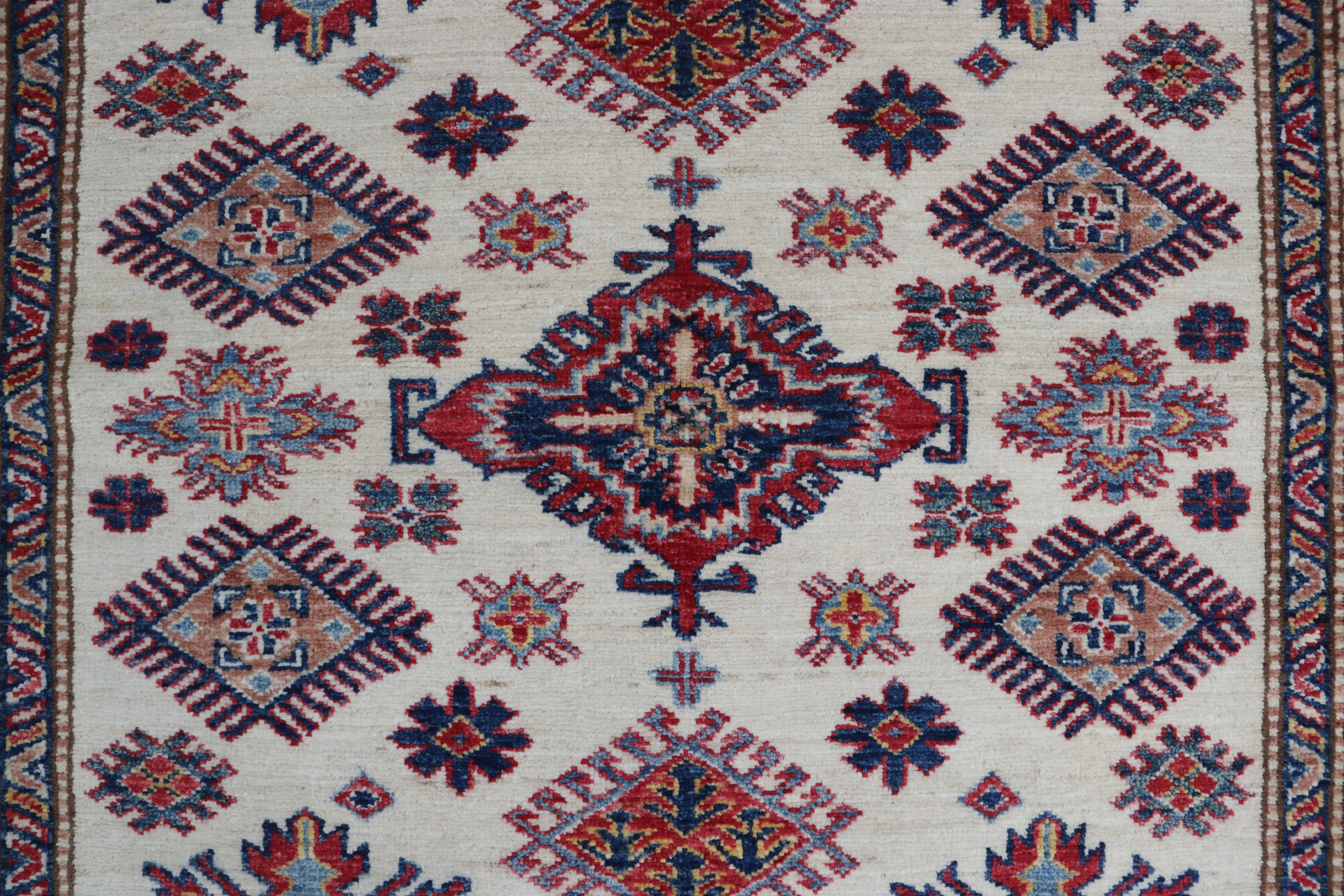 5x6 Beige & Red Super Kazak Area Rug | Handmade Wool & Cotton Geometric Rug