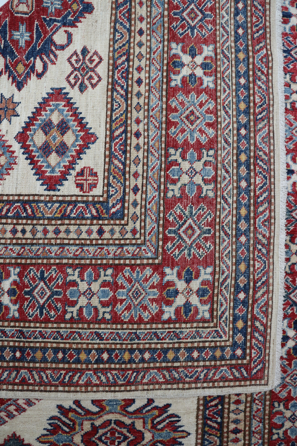 5x6 Beige & Red Super Kazak Area Rug | Handmade Wool & Cotton Geometric Rug