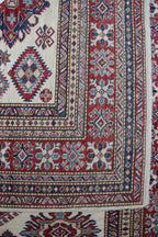 5x6 Beige & Red Super Kazak Area Rug | Handmade Wool & Cotton Geometric Rug