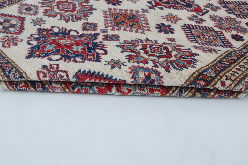 5x6 Beige & Red Super Kazak Area Rug | Handmade Wool & Cotton Geometric Rug