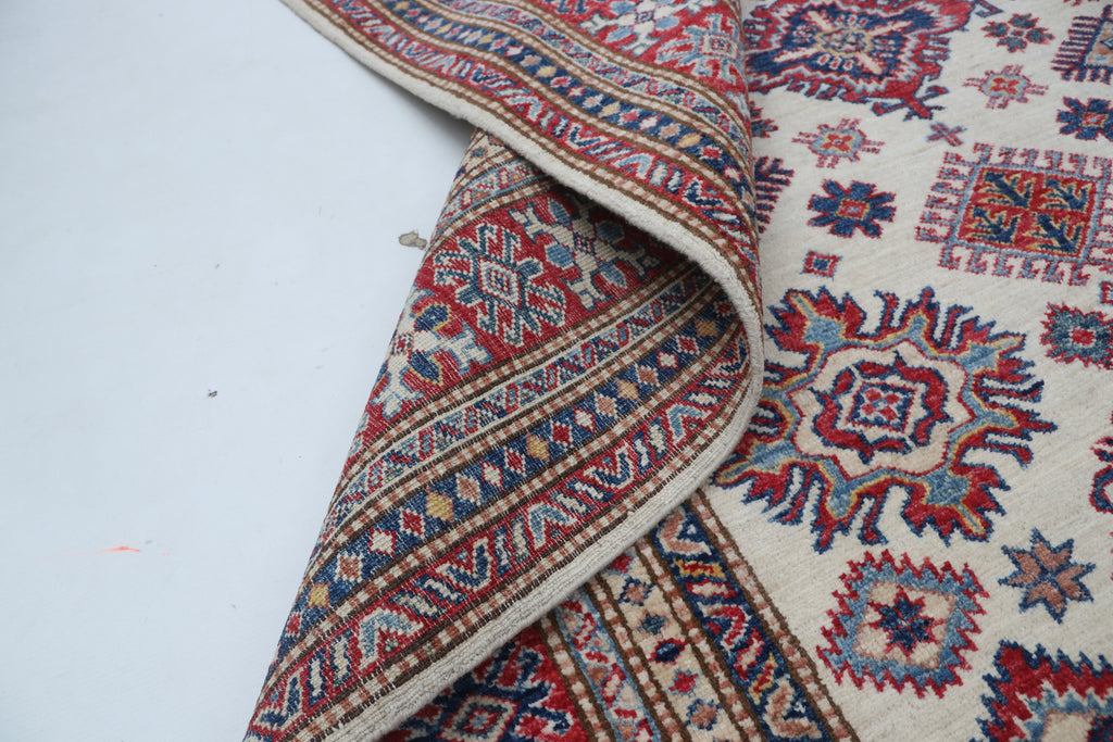 5x6 Beige & Red Super Kazak Area Rug | Handmade Wool & Cotton Geometric Rug