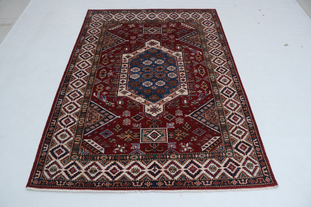 5x7 Beige & Red Super Kazak Geometric Handmade Cotton & Wool Rug | Premium Luxury Area Rug