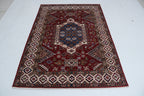 5x7 Beige & Red Super Kazak Geometric Handmade Cotton & Wool Rug | Premium Luxury Area Rug