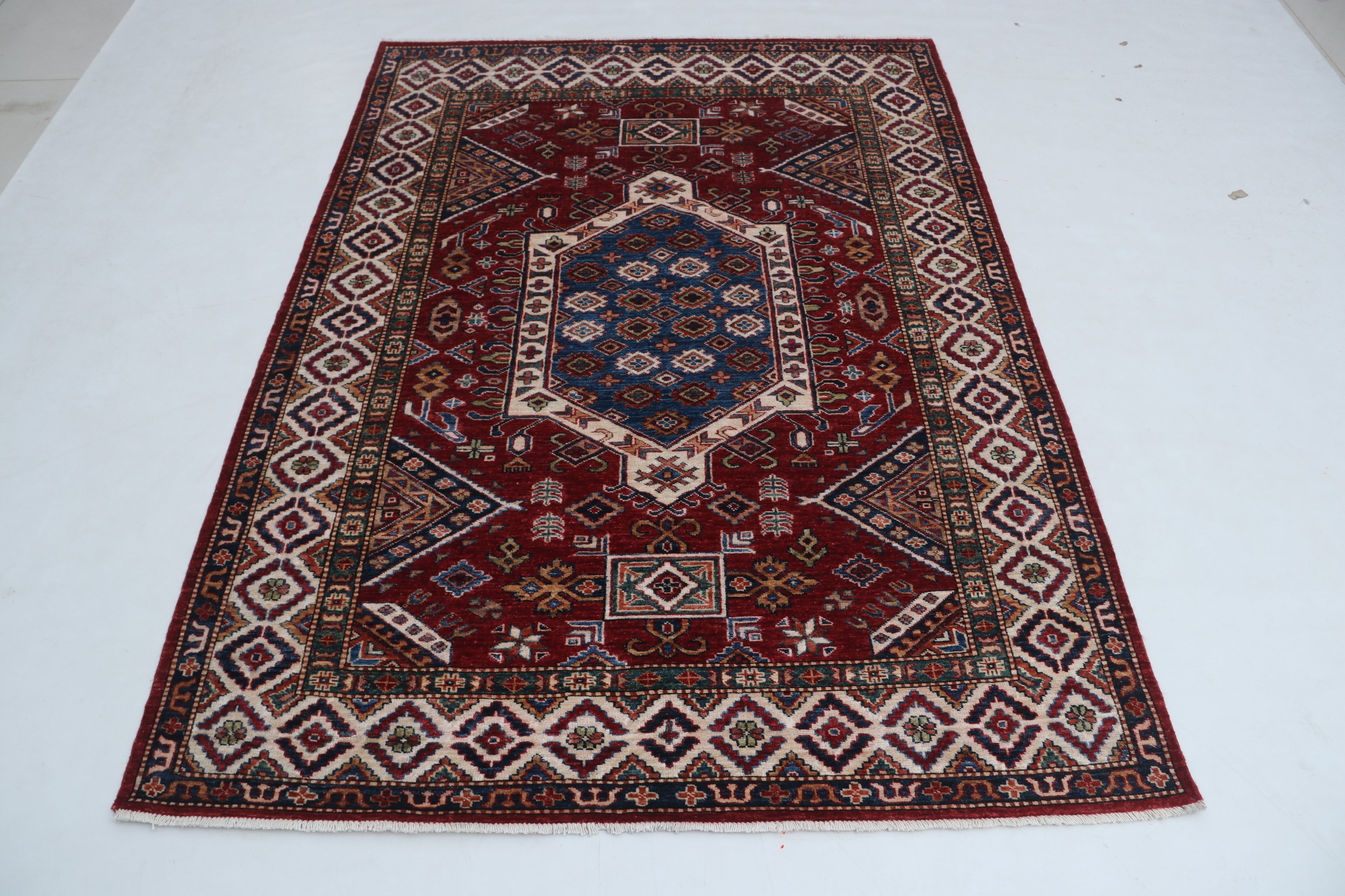 5x7 Beige & Red Super Kazak Geometric Handmade Cotton & Wool Rug | Premium Luxury Area Rug