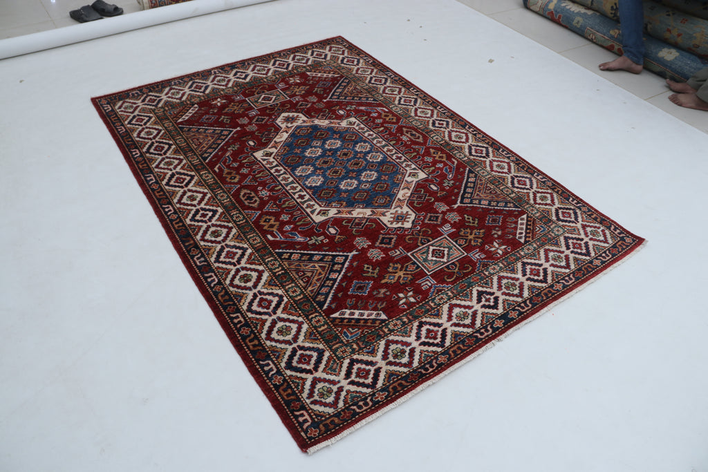 5x7 Beige & Red Super Kazak Geometric Handmade Cotton & Wool Rug | Premium Luxury Area Rug