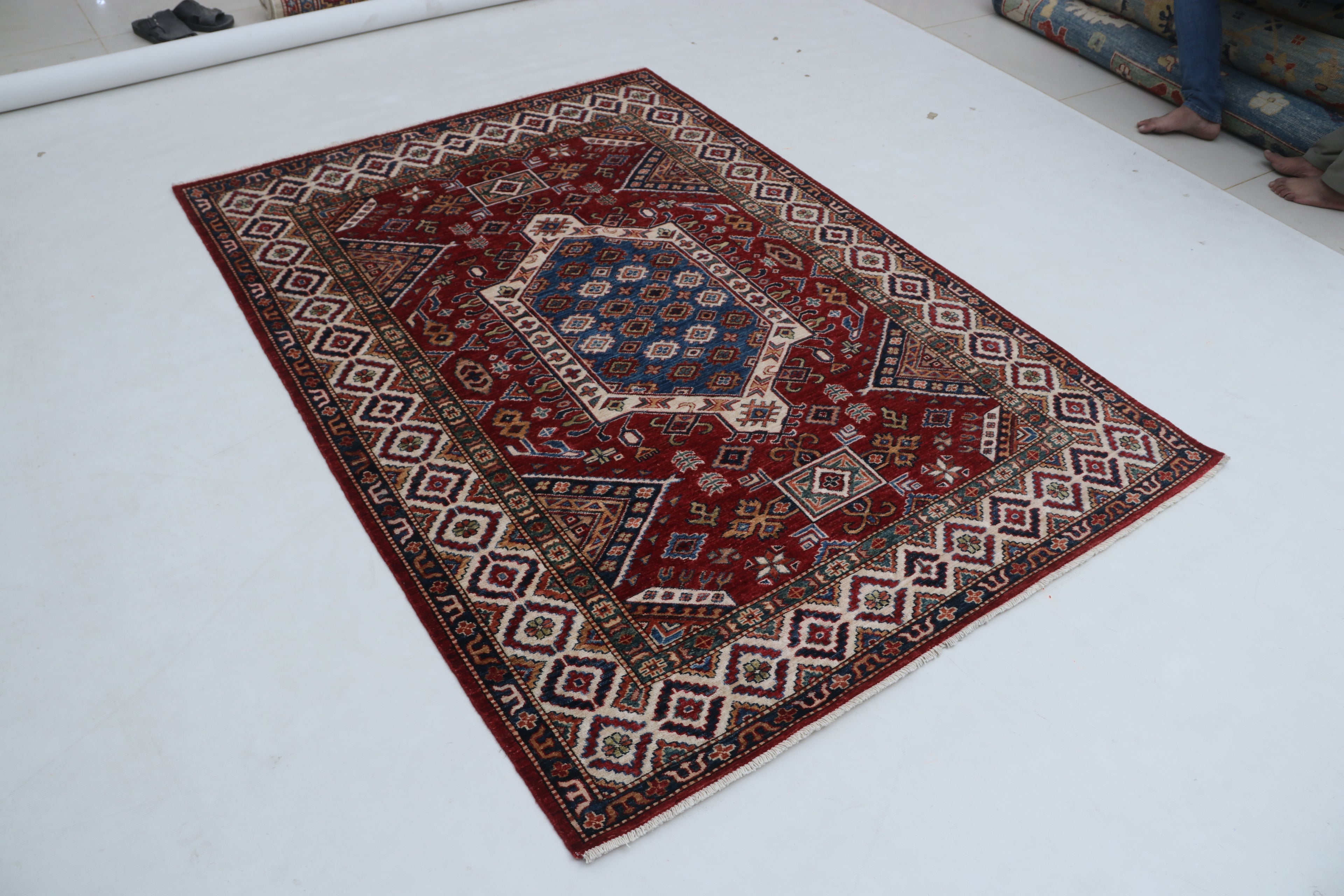 5x7 Beige & Red Super Kazak Geometric Handmade Cotton & Wool Rug | Premium Luxury Area Rug