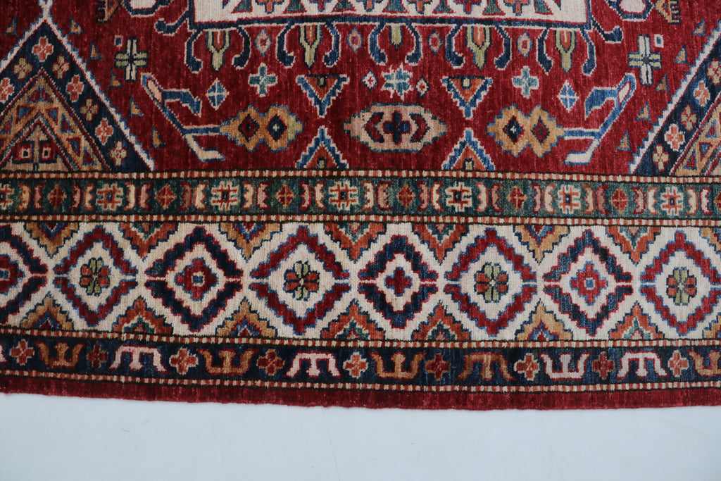 5x7 Beige & Red Super Kazak Geometric Handmade Cotton & Wool Rug | Premium Luxury Area Rug