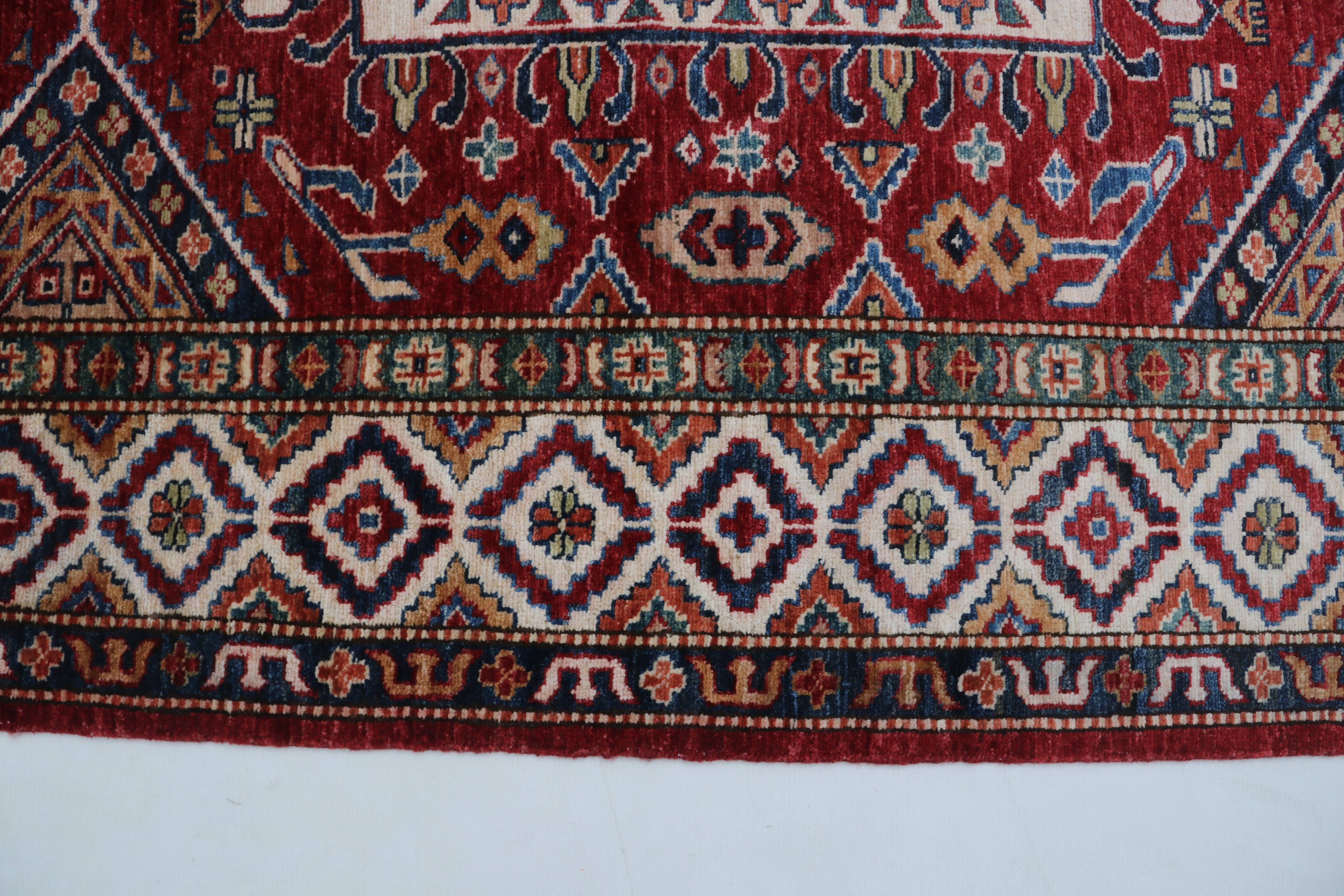 5x7 Beige & Red Super Kazak Geometric Handmade Cotton & Wool Rug | Premium Luxury Area Rug