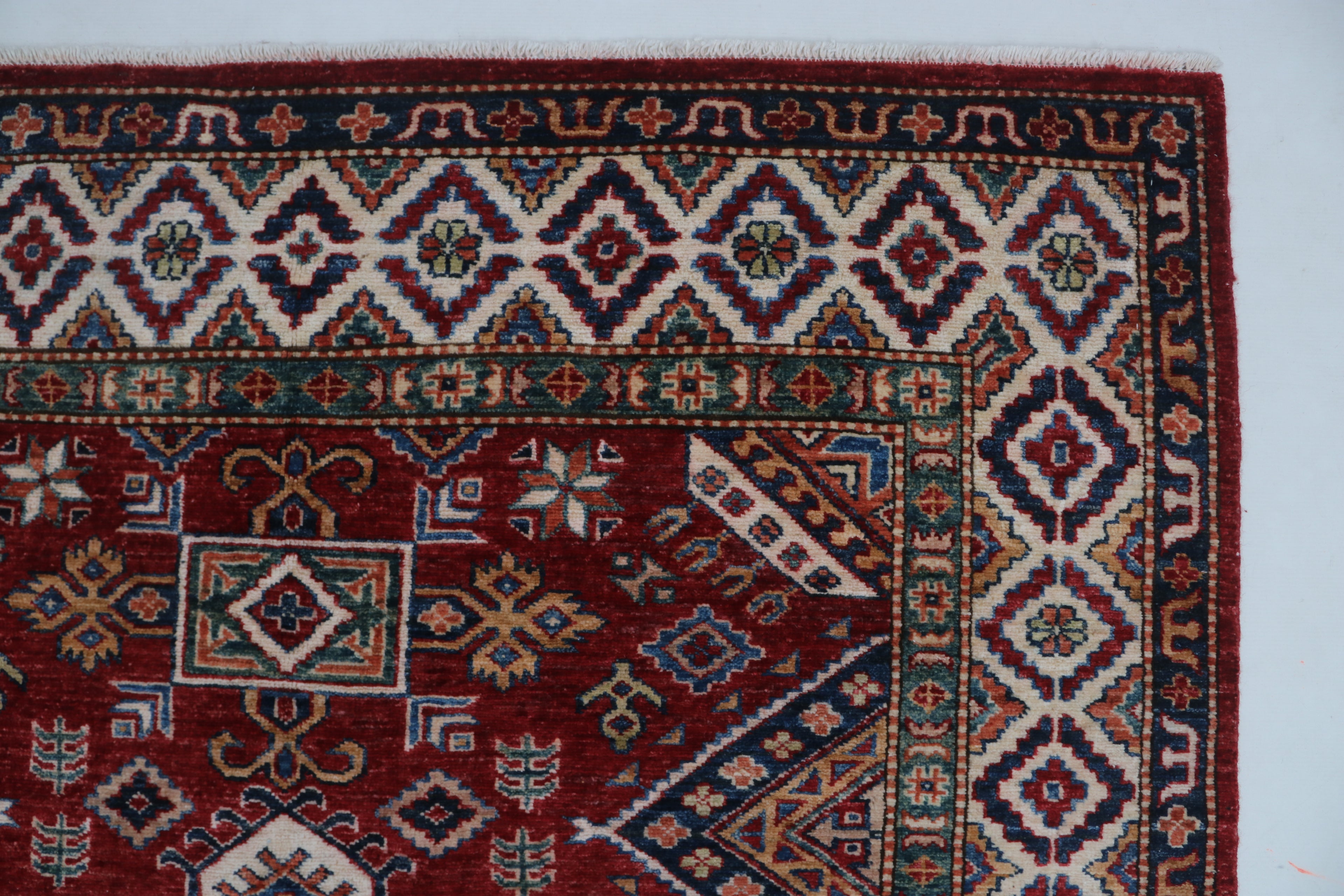 5x7 Beige & Red Super Kazak Geometric Handmade Cotton & Wool Rug | Premium Luxury Area Rug