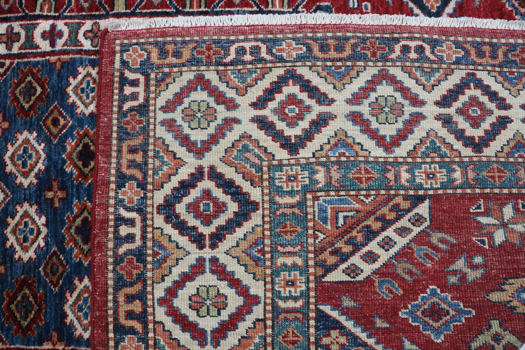 5x7 Beige & Red Super Kazak Geometric Handmade Cotton & Wool Rug | Premium Luxury Area Rug