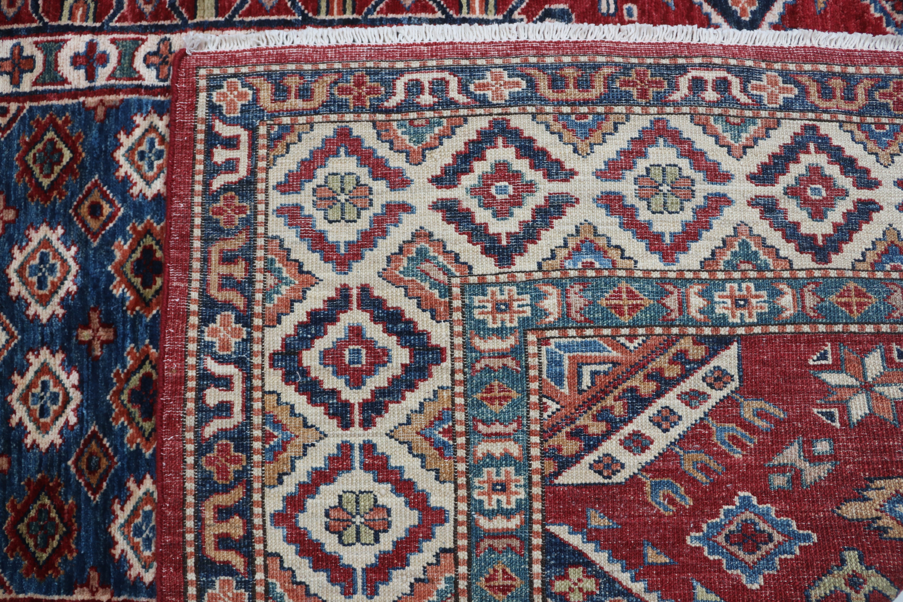 5x7 Beige & Red Super Kazak Geometric Handmade Cotton & Wool Rug | Premium Luxury Area Rug