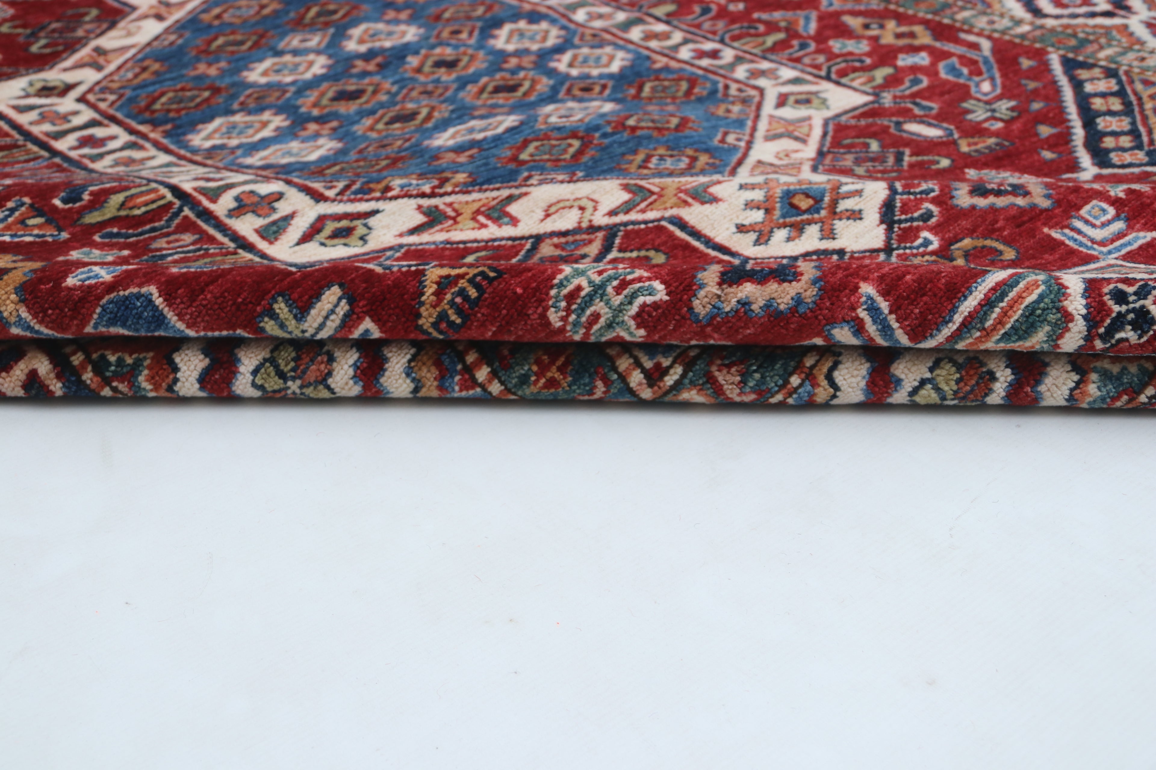 5x7 Beige & Red Super Kazak Geometric Handmade Cotton & Wool Rug | Premium Luxury Area Rug