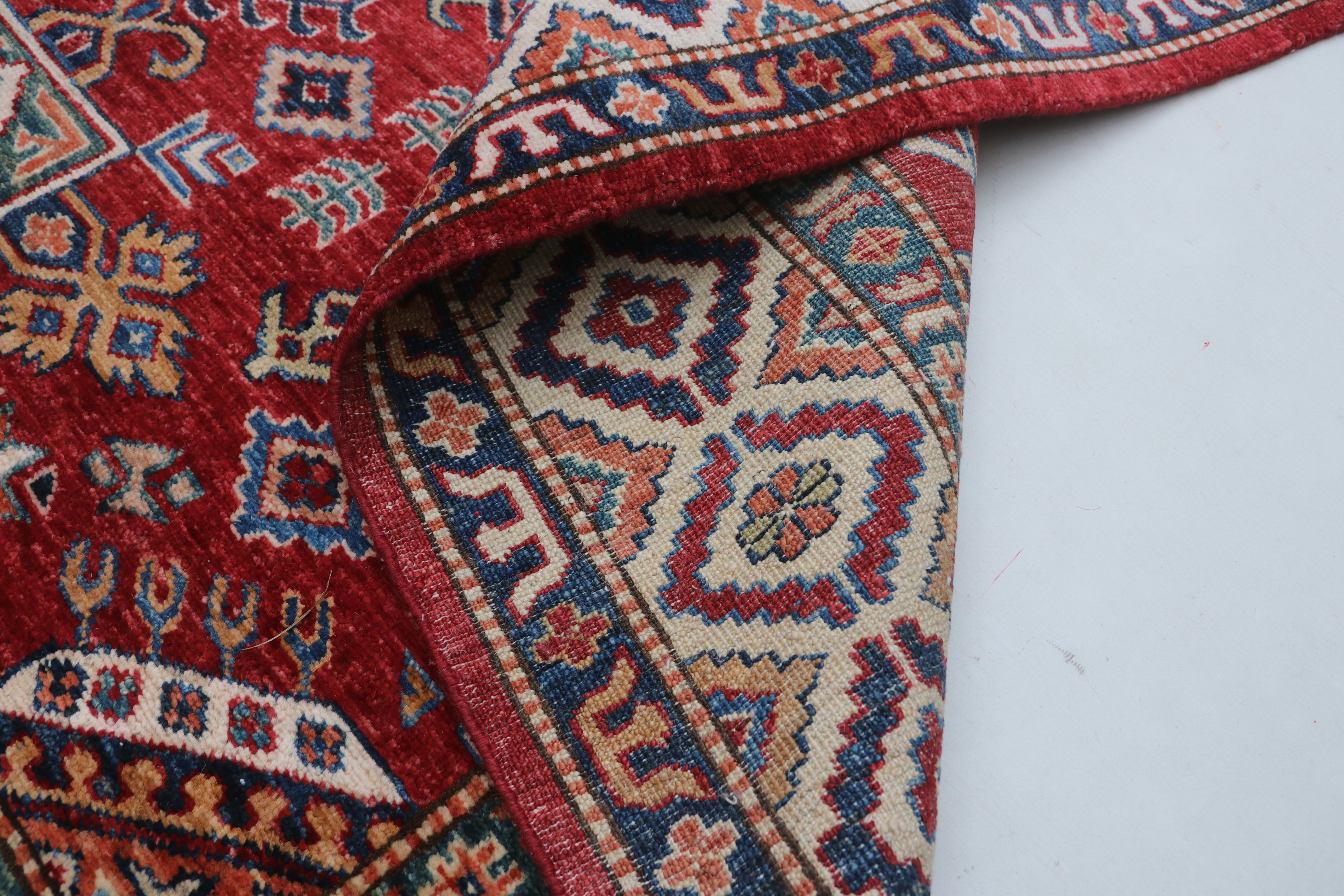 5x7 Beige & Red Super Kazak Geometric Handmade Cotton & Wool Rug | Premium Luxury Area Rug