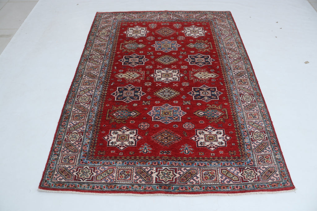 5x6 Beige & Red Super Kazak Geometric Handmade Cotton & Wool Rug | Premium Luxury Area Rug