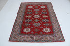 5x6 Beige & Red Super Kazak Geometric Handmade Cotton & Wool Rug | Premium Luxury Area Rug