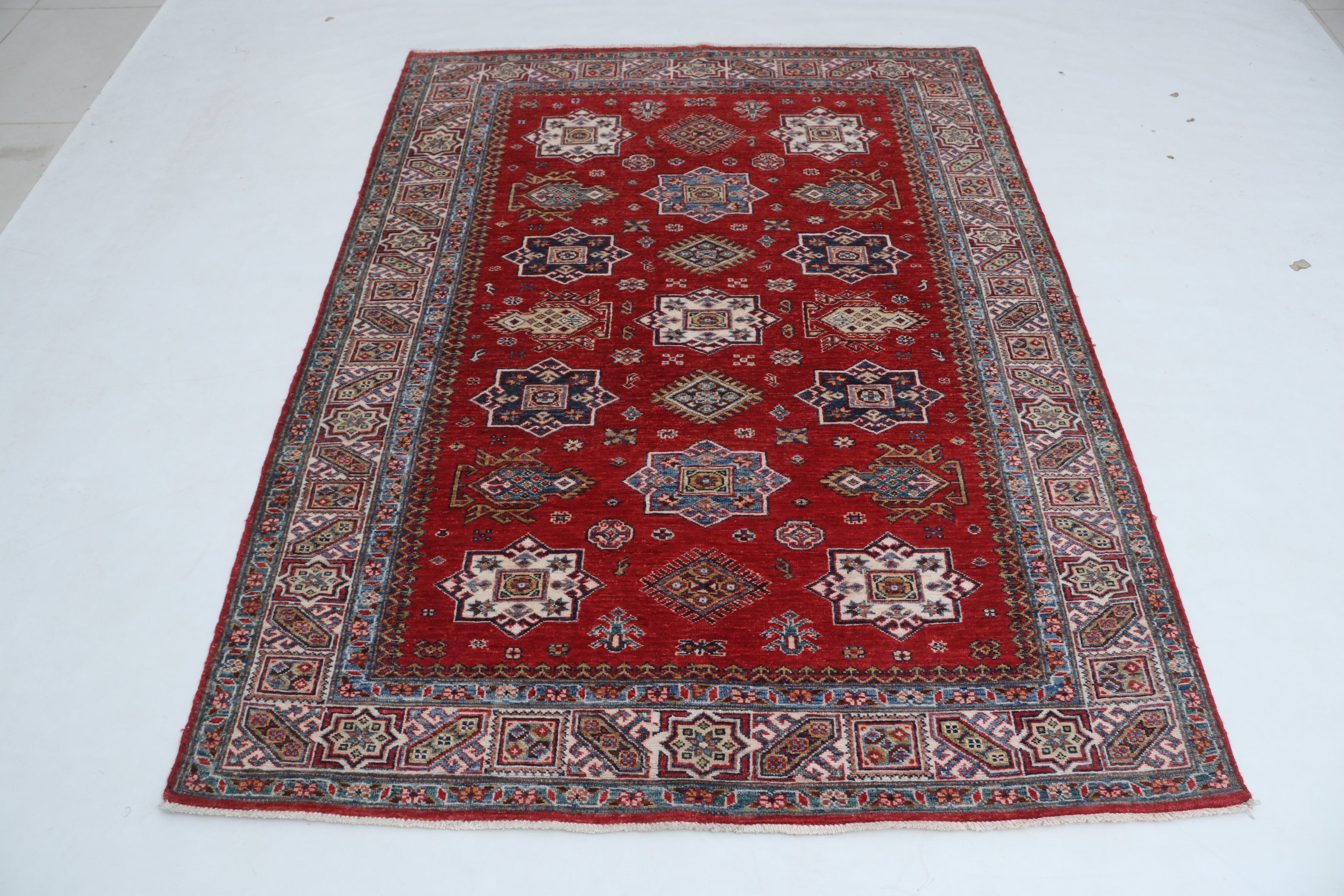 5x6 Beige & Red Super Kazak Geometric Handmade Cotton & Wool Rug | Premium Luxury Area Rug