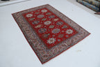 5x6 Beige & Red Super Kazak Geometric Handmade Cotton & Wool Rug | Premium Luxury Area Rug