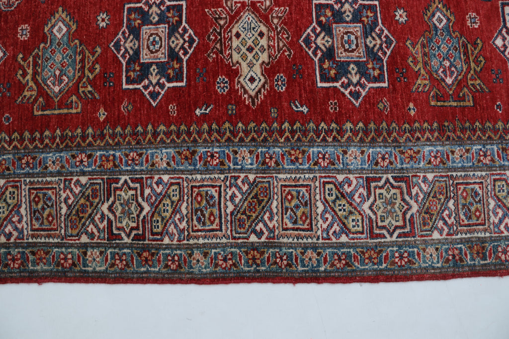 5x6 Beige & Red Super Kazak Geometric Handmade Cotton & Wool Rug | Premium Luxury Area Rug