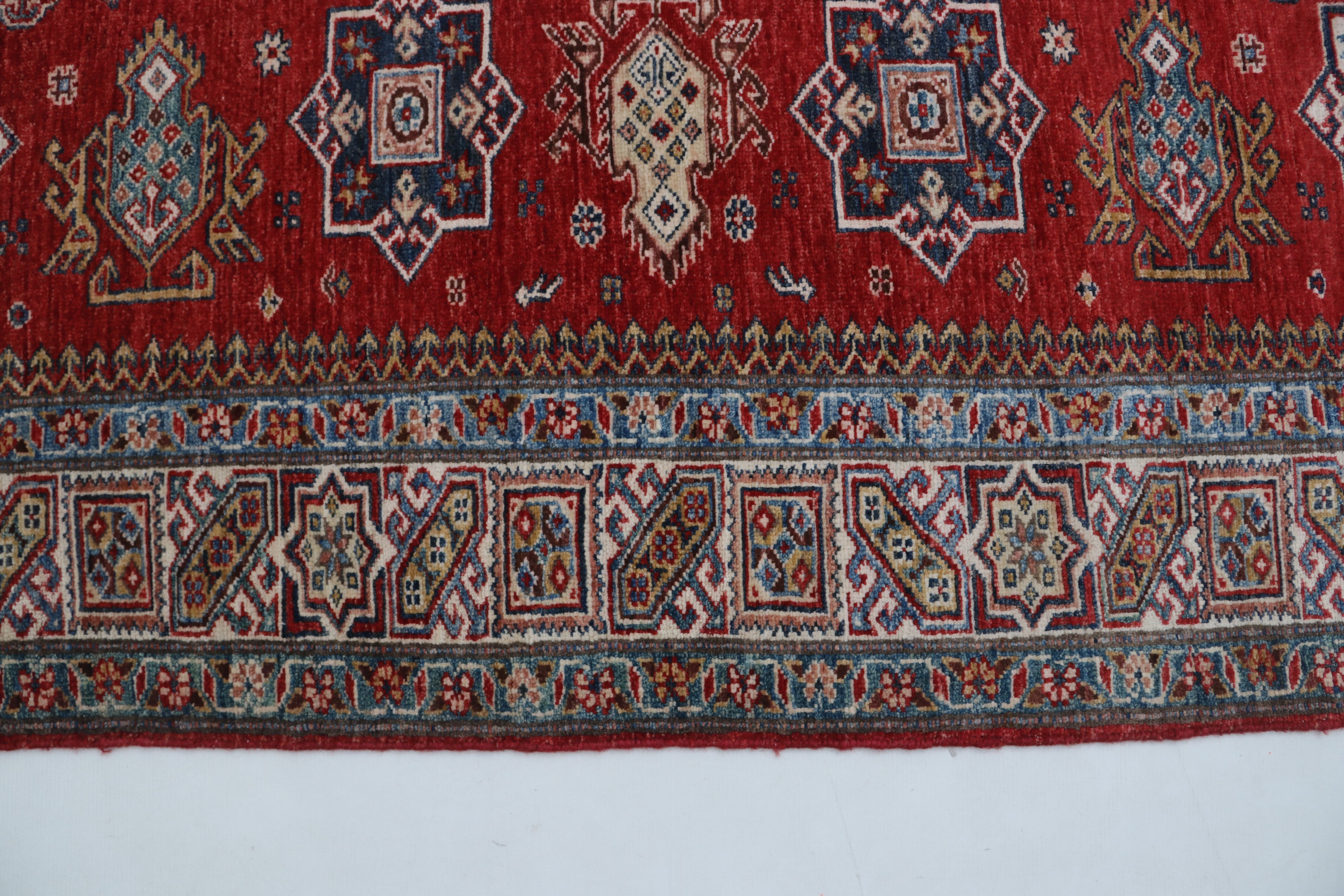 5x6 Beige & Red Super Kazak Geometric Handmade Cotton & Wool Rug | Premium Luxury Area Rug