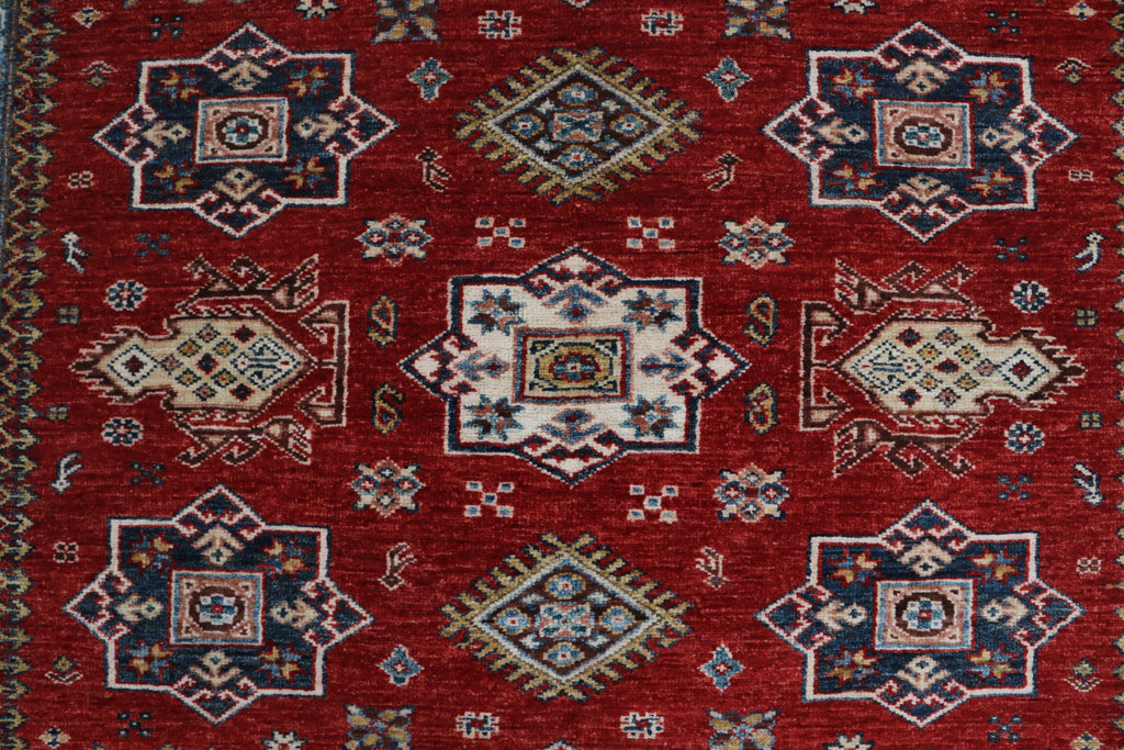 5x6 Beige & Red Super Kazak Geometric Handmade Cotton & Wool Rug | Premium Luxury Area Rug