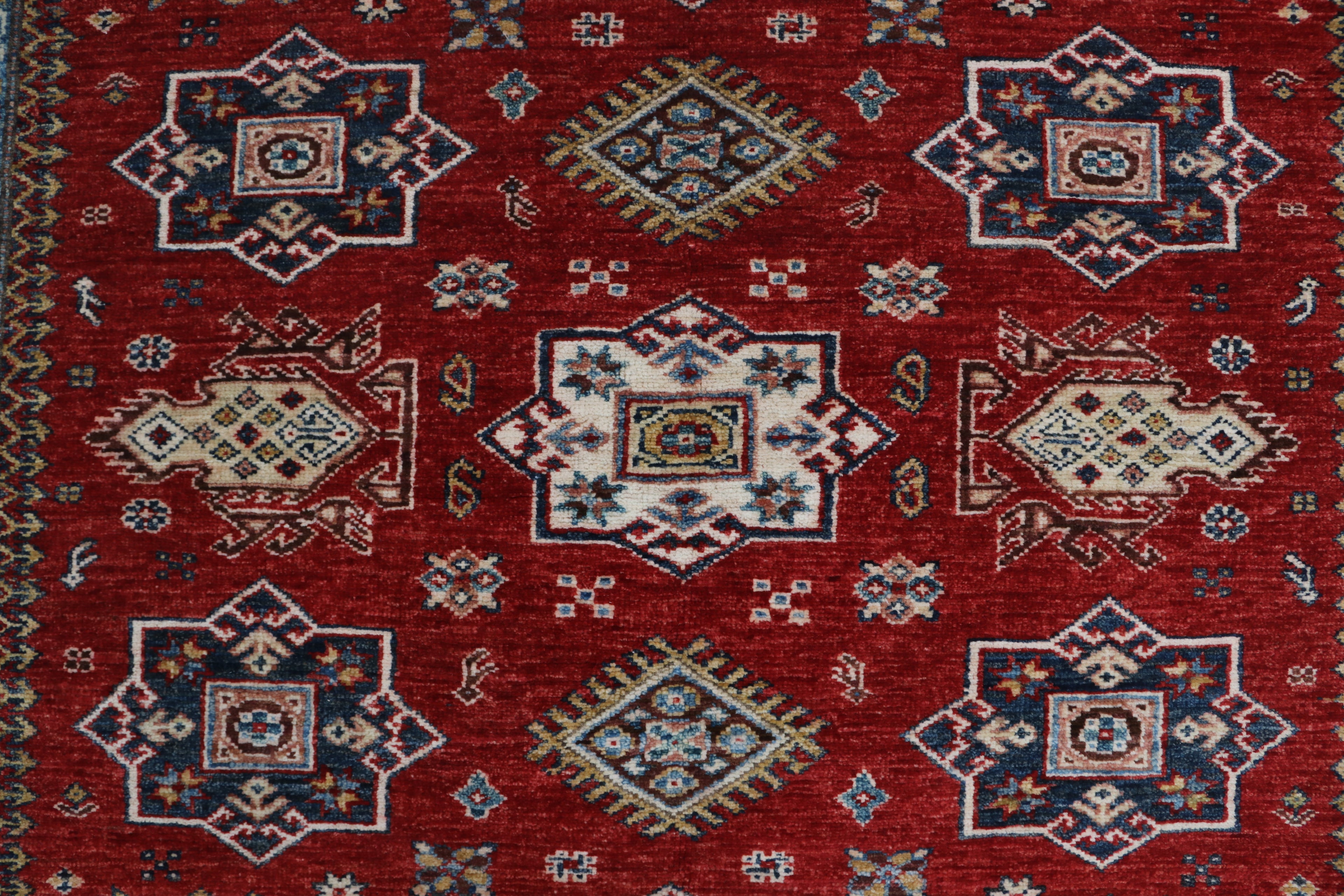 5x6 Beige & Red Super Kazak Geometric Handmade Cotton & Wool Rug | Premium Luxury Area Rug