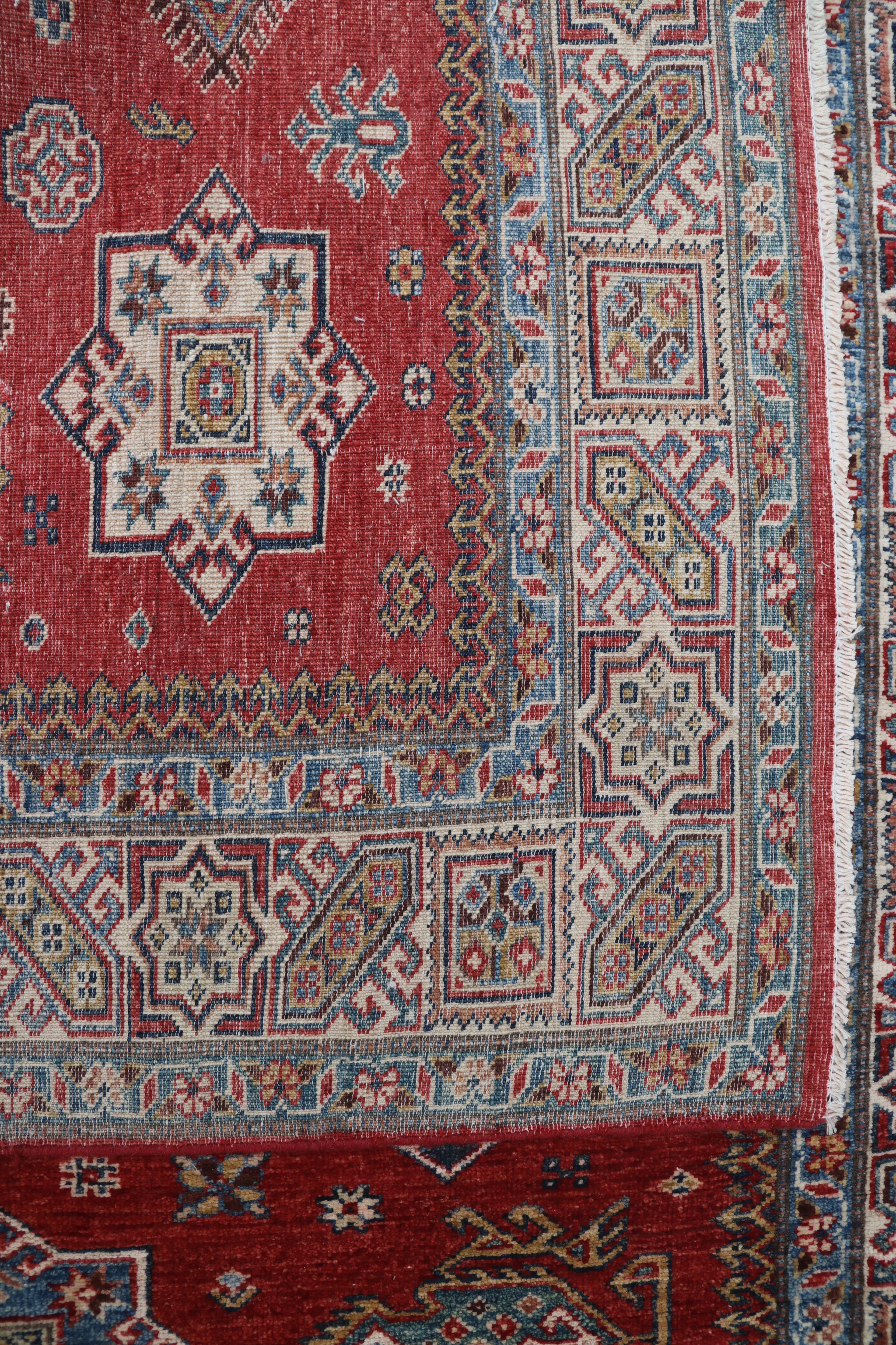 5x6 Beige & Red Super Kazak Geometric Handmade Cotton & Wool Rug | Premium Luxury Area Rug