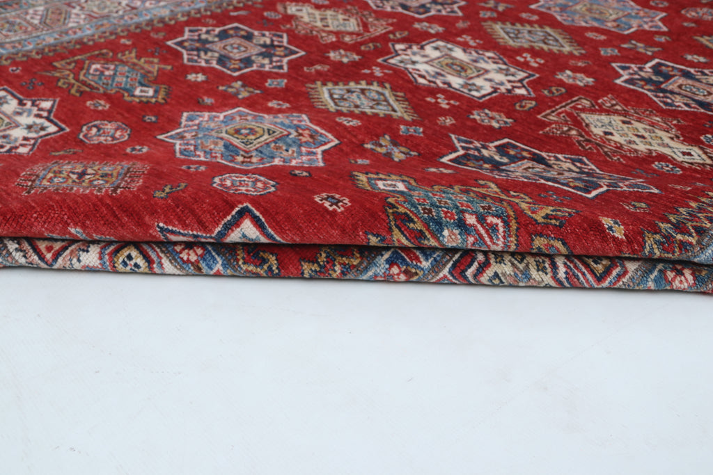 5x6 Beige & Red Super Kazak Geometric Handmade Cotton & Wool Rug | Premium Luxury Area Rug