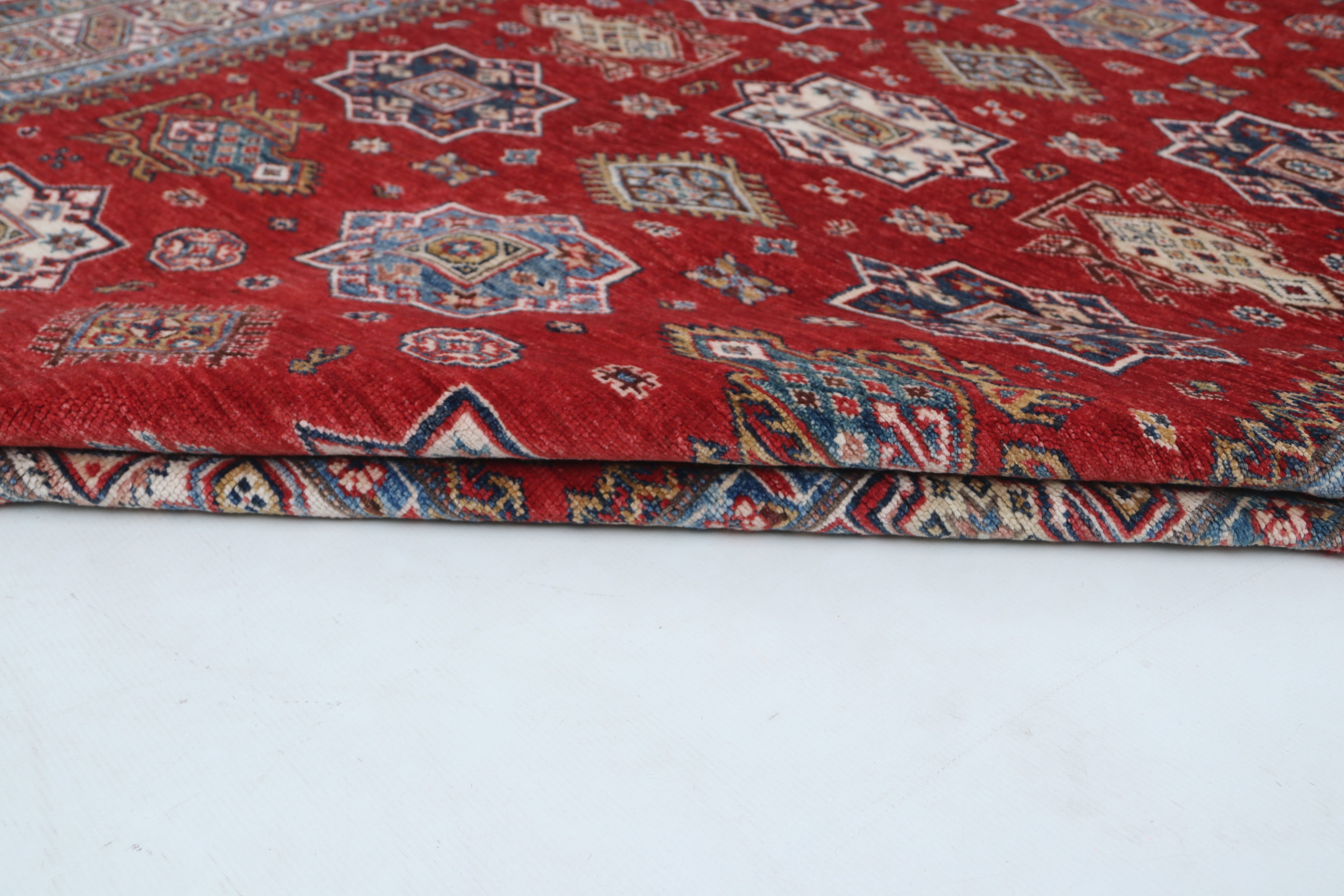 5x6 Beige & Red Super Kazak Geometric Handmade Cotton & Wool Rug | Premium Luxury Area Rug