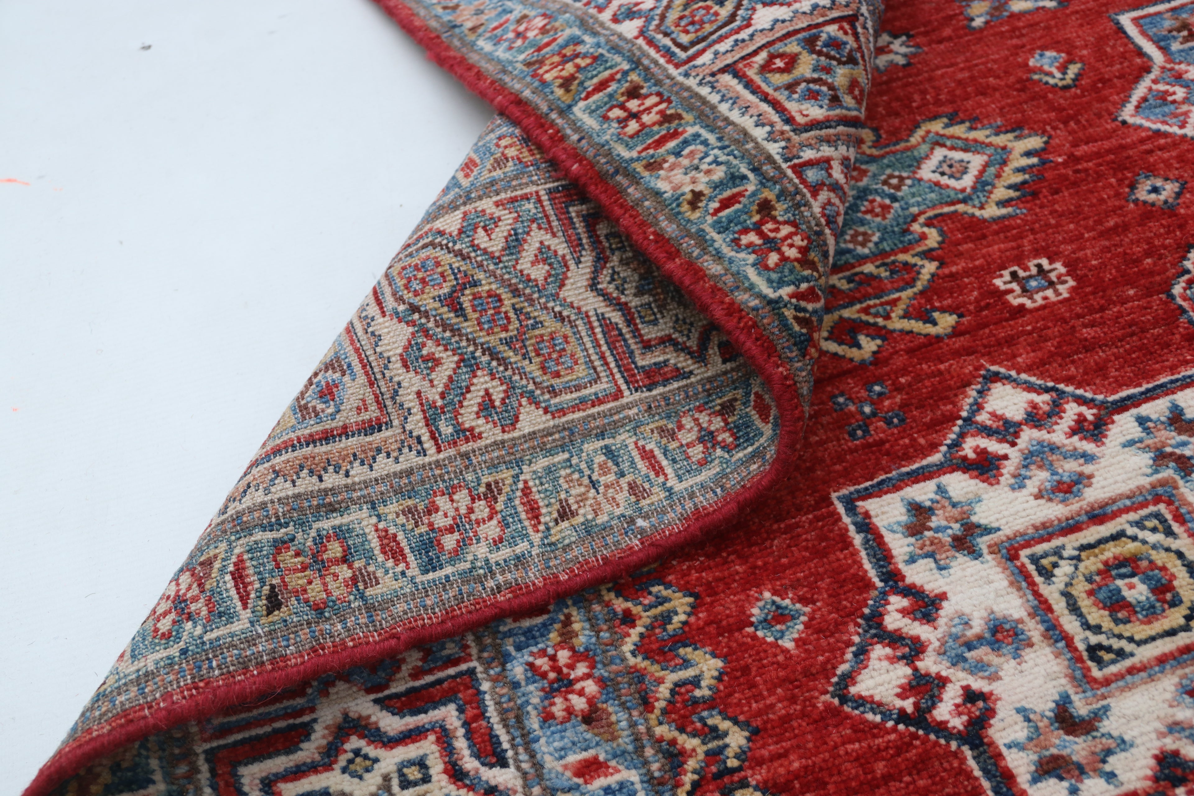 5x6 Beige & Red Super Kazak Geometric Handmade Cotton & Wool Rug | Premium Luxury Area Rug