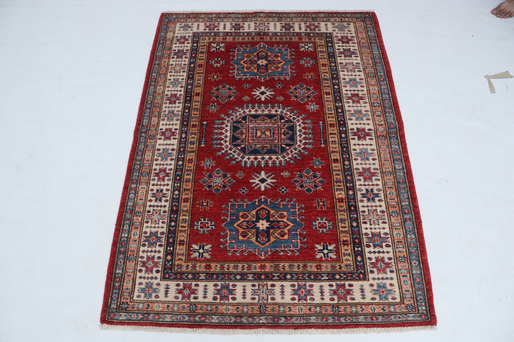 3x5 Beige & Red Super Kazak Area Rug | Handmade Wool & Cotton Geometric Rug