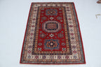 3x5 Beige & Red Super Kazak Area Rug | Handmade Wool & Cotton Geometric Rug