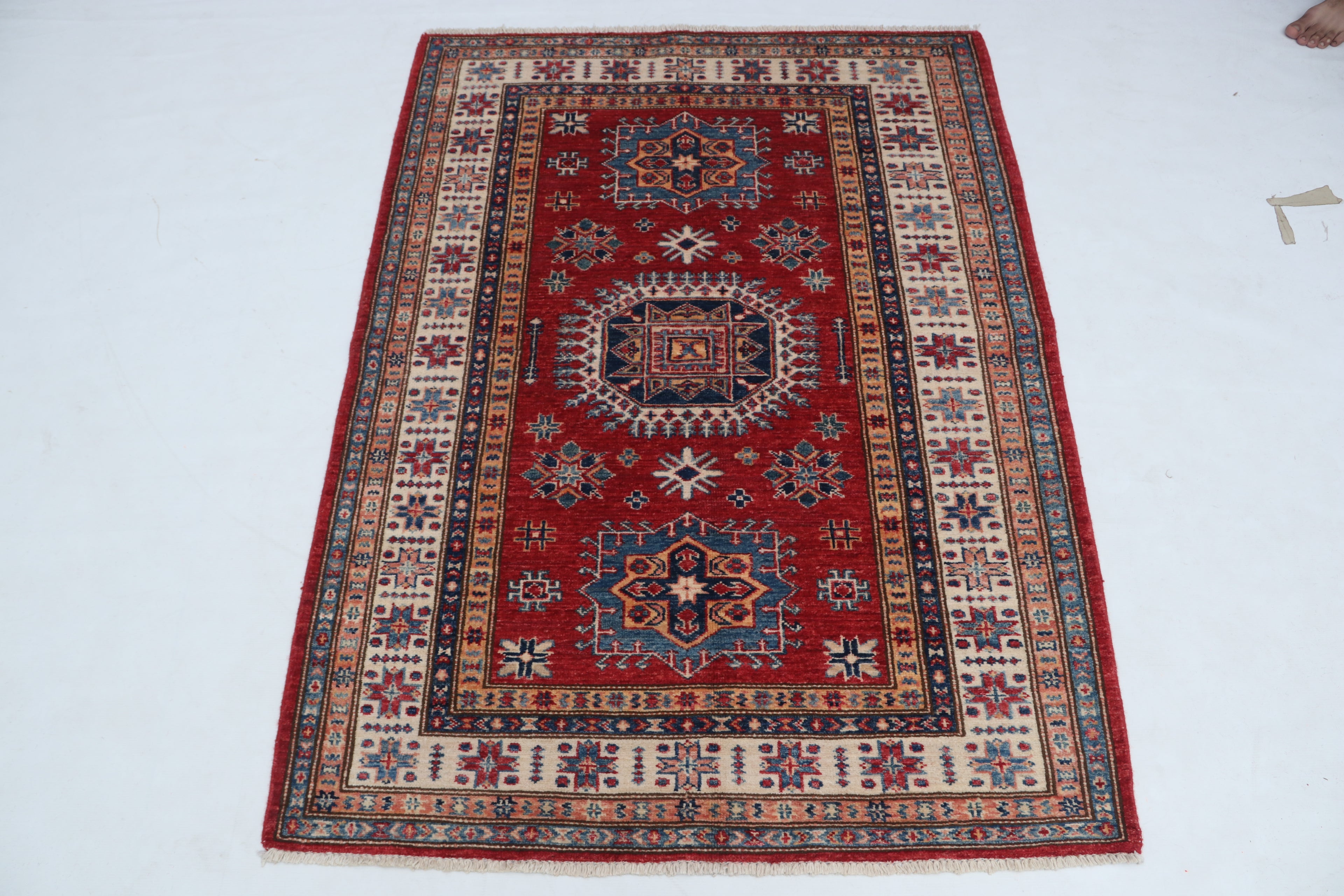 3x5 Beige & Red Super Kazak Area Rug | Handmade Wool & Cotton Geometric Rug