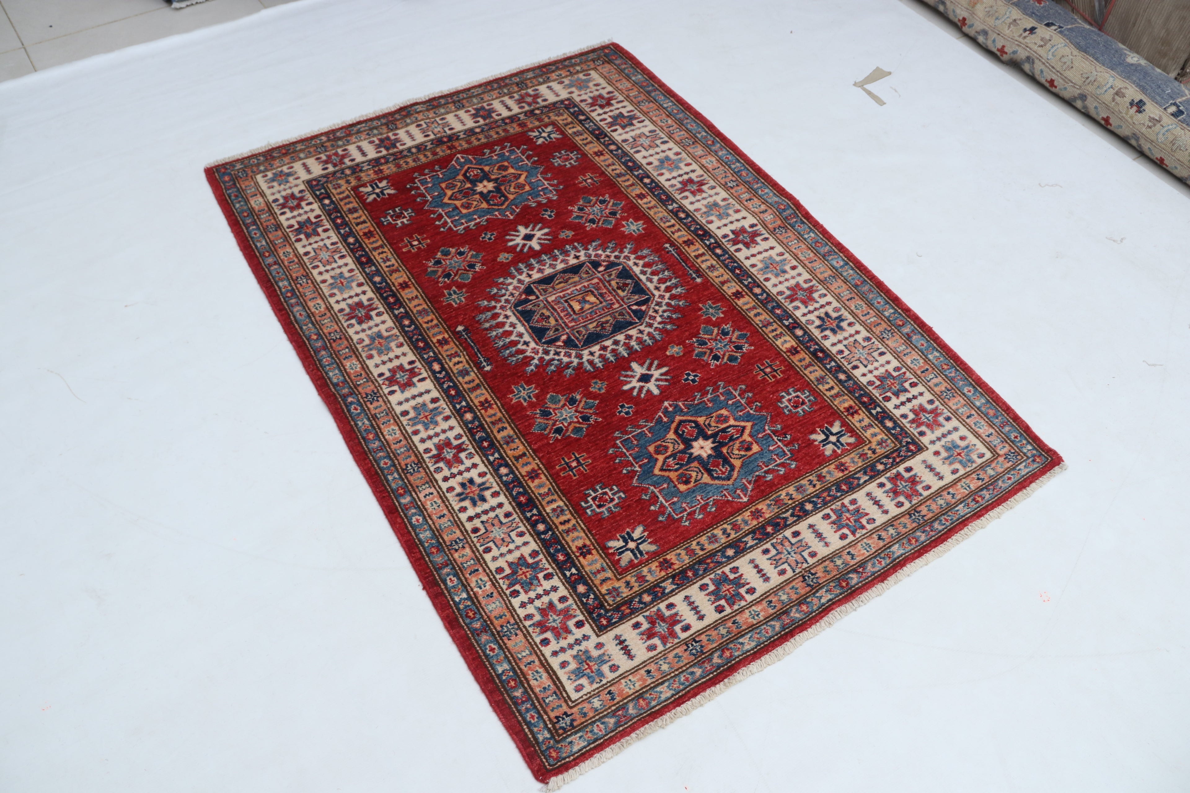 3x5 Beige & Red Super Kazak Area Rug | Handmade Wool & Cotton Geometric Rug