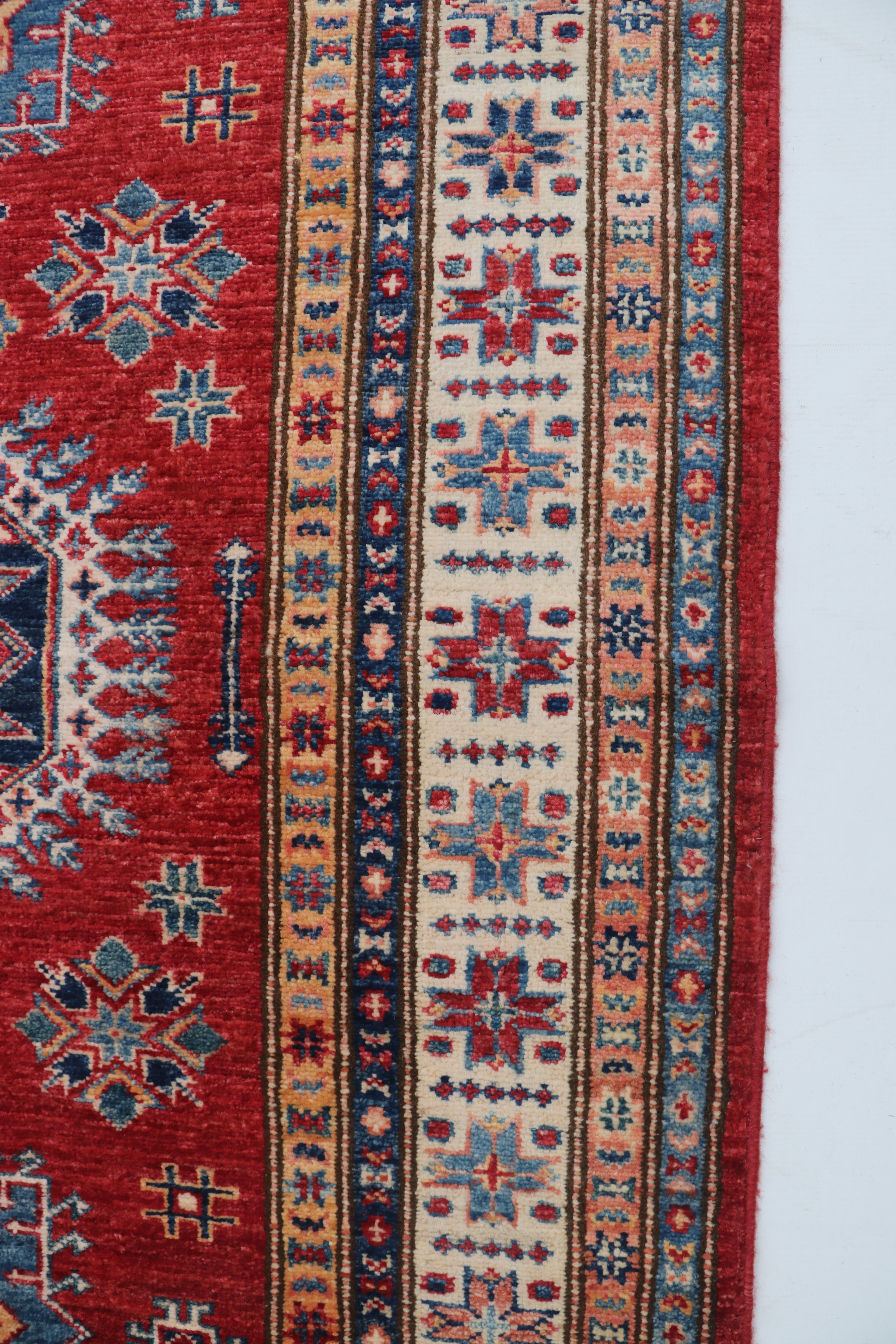 3x5 Beige & Red Super Kazak Area Rug | Handmade Wool & Cotton Geometric Rug